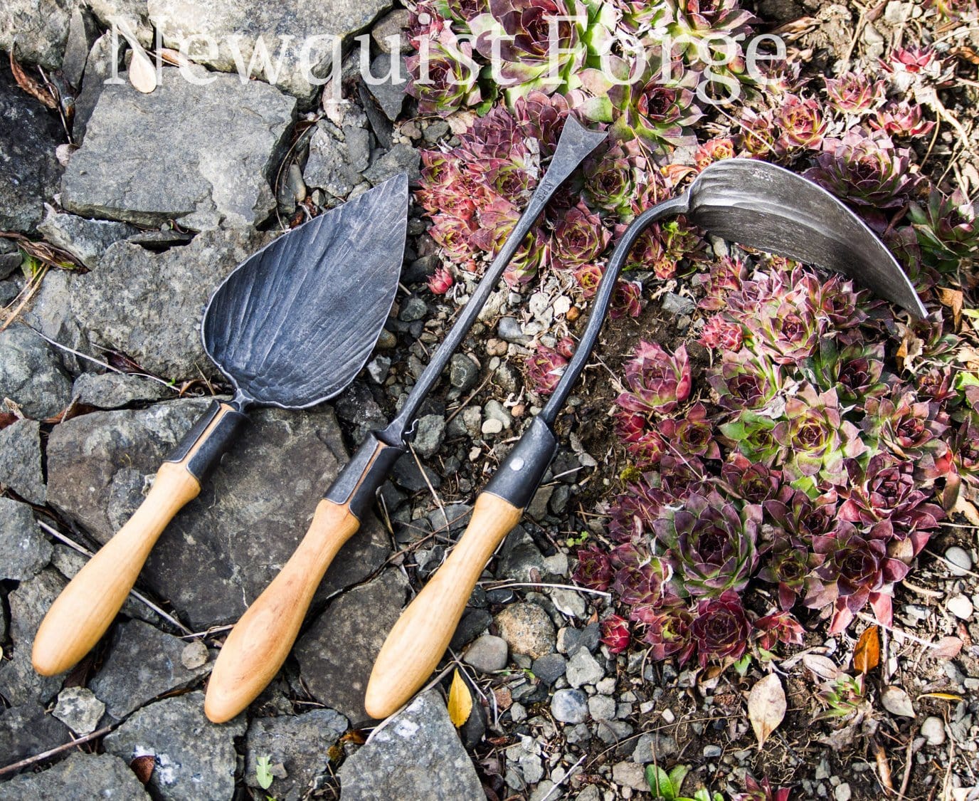 newquistforge Garden Tools Hand Forged Garden Tool Gift Set of 3 • Trowel • Korean Hand Plow • Dandelion Digger