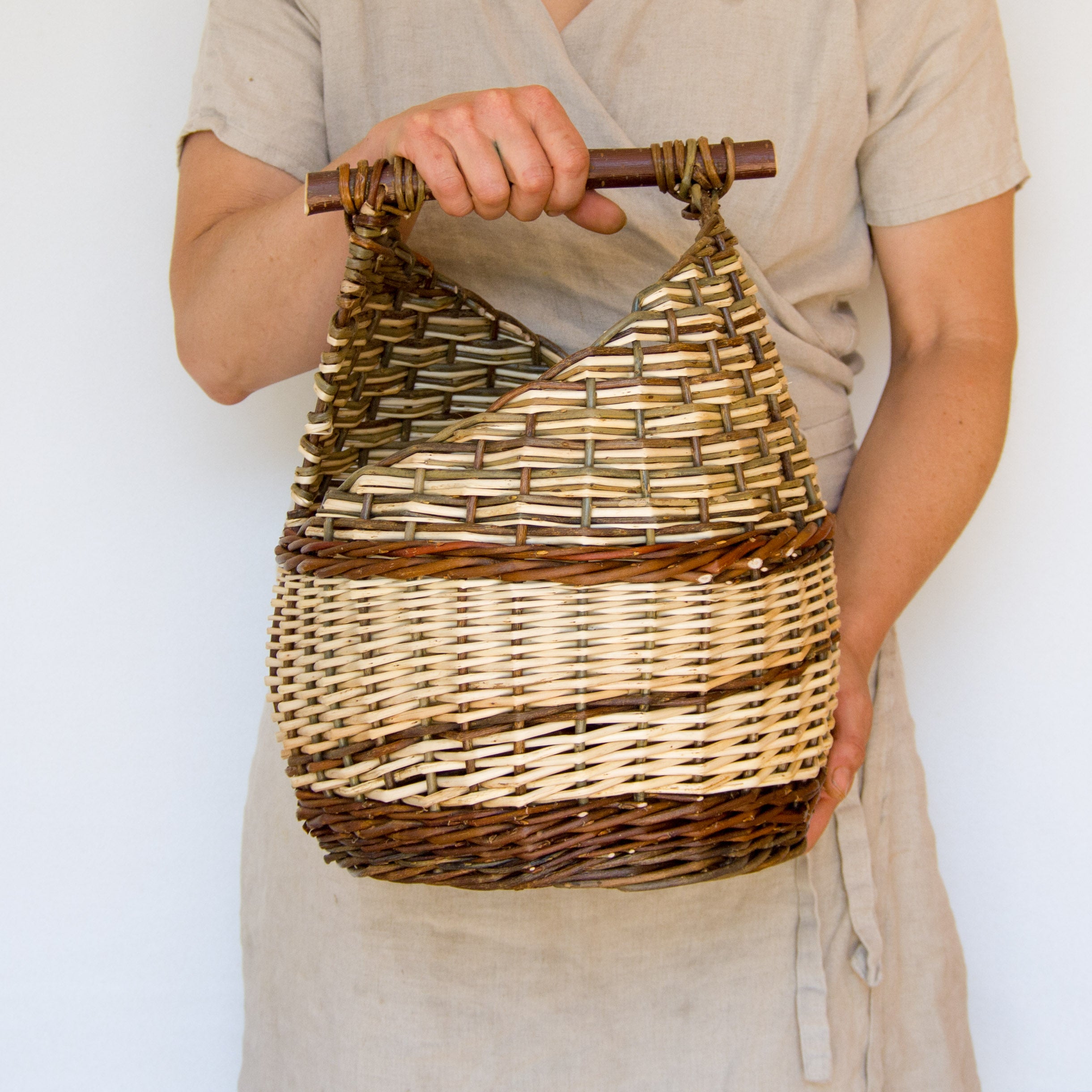 Sculptural Willow Basket with Cherry Wood Handle