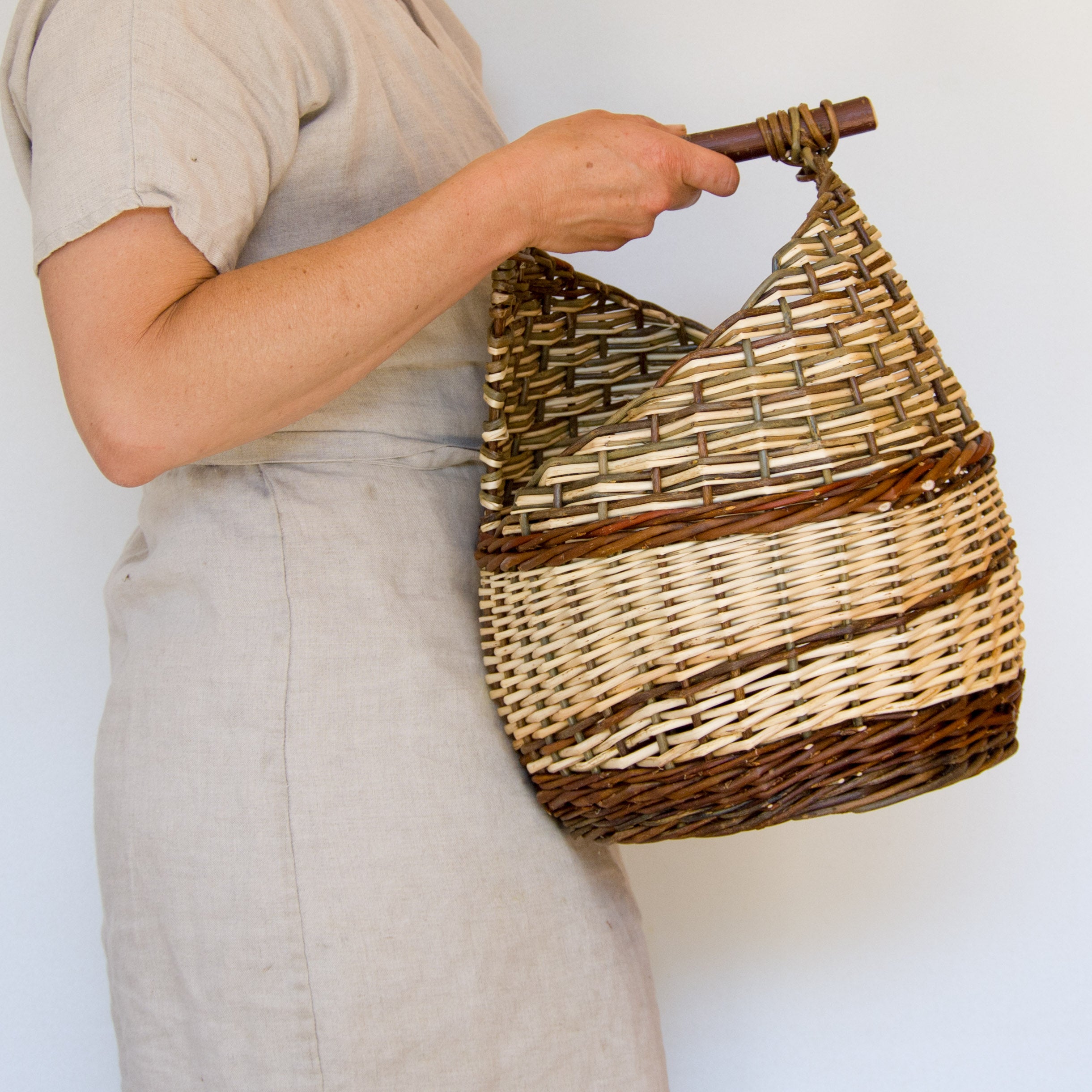 Sculptural Willow Basket with Cherry Wood Handle