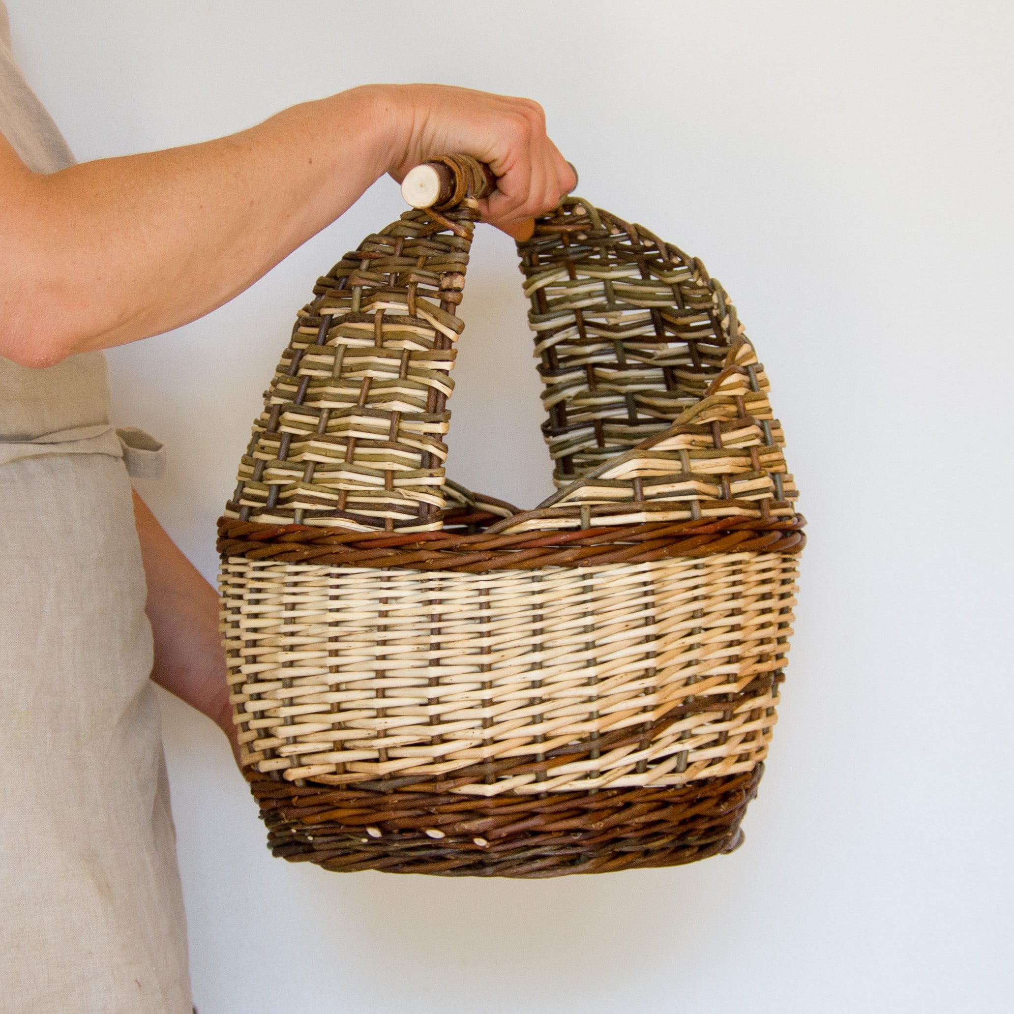 Sculptural Willow Basket with Cherry Wood Handle