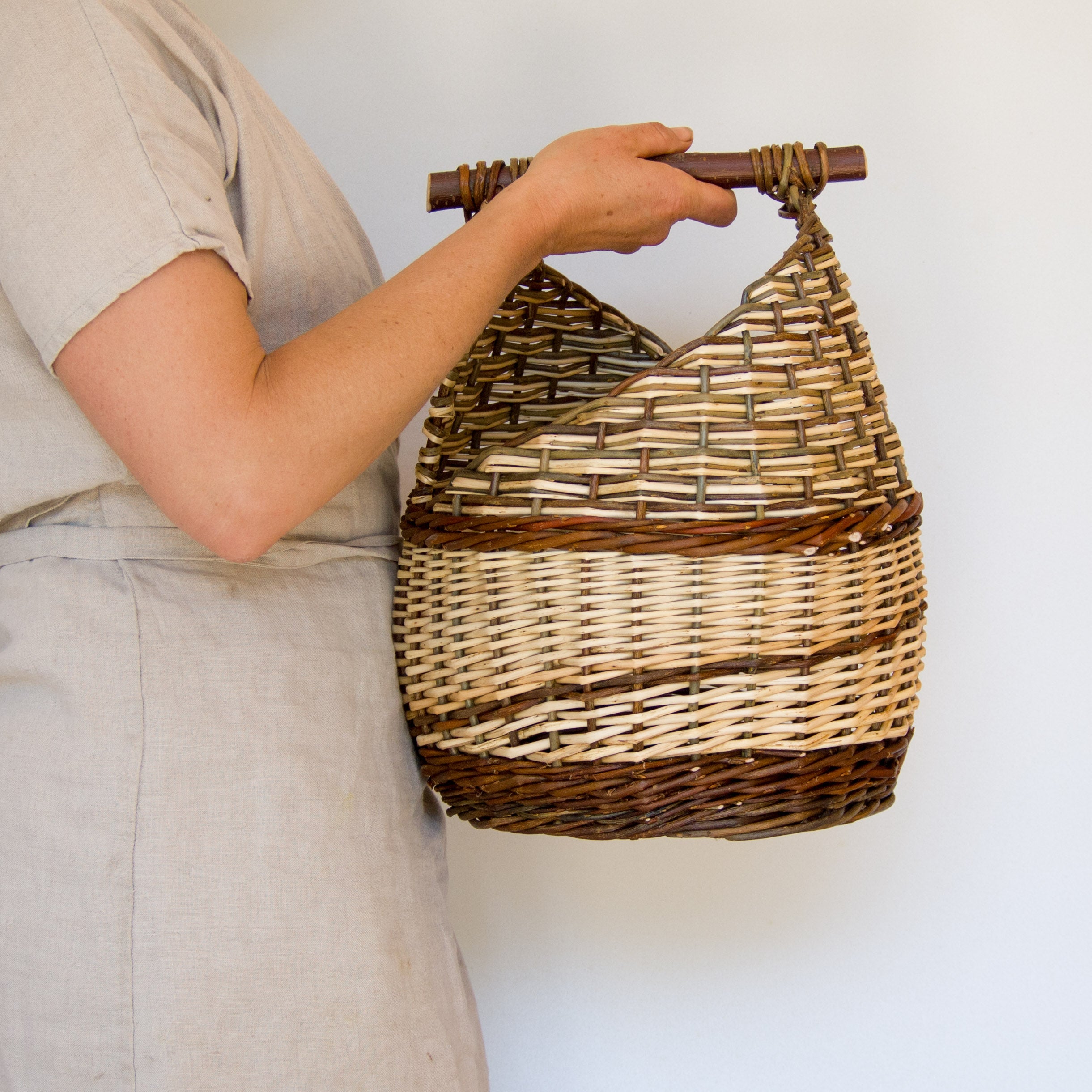 Sculptural Willow Basket with Cherry Wood Handle