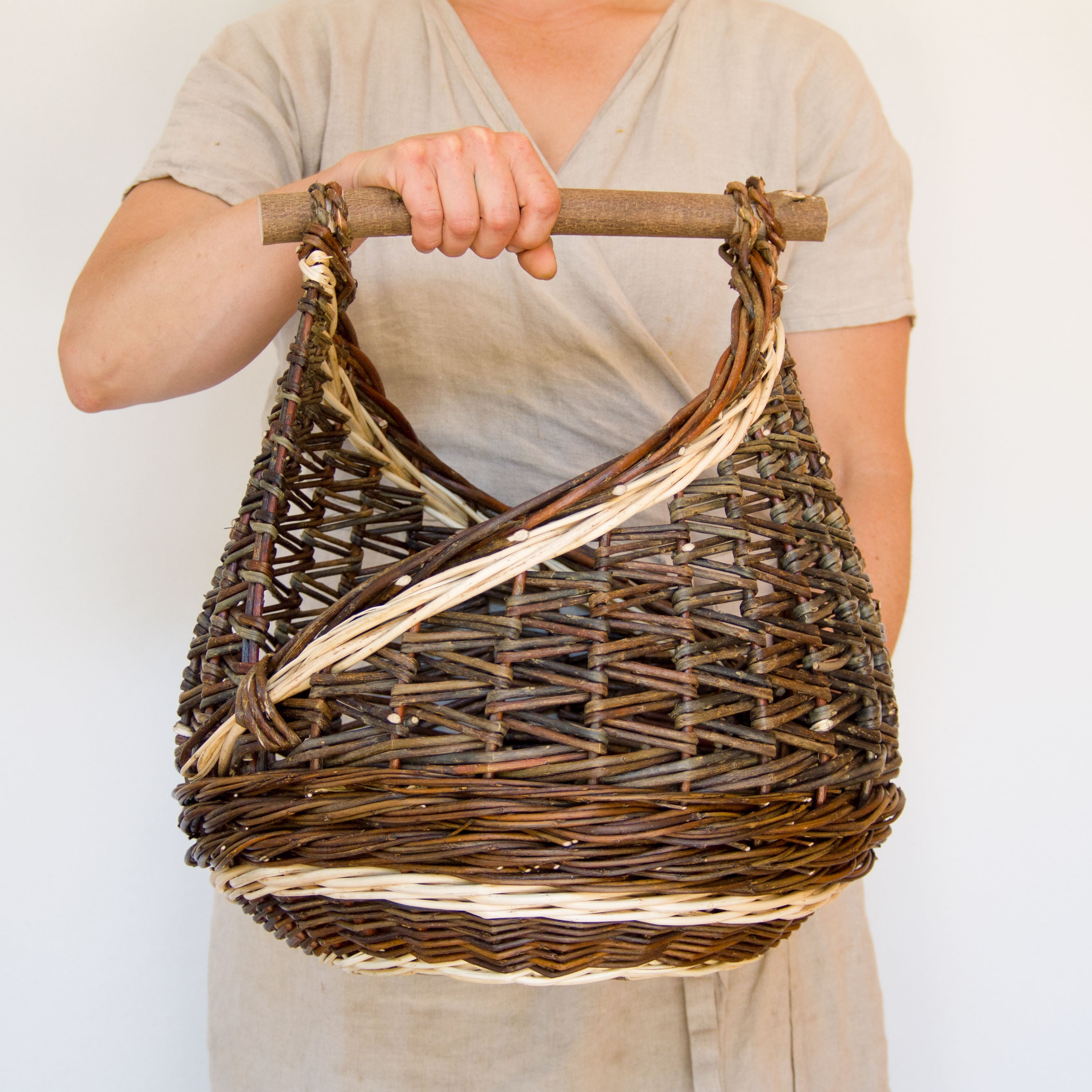 Sculptural Willow Basket with Hazel Handle