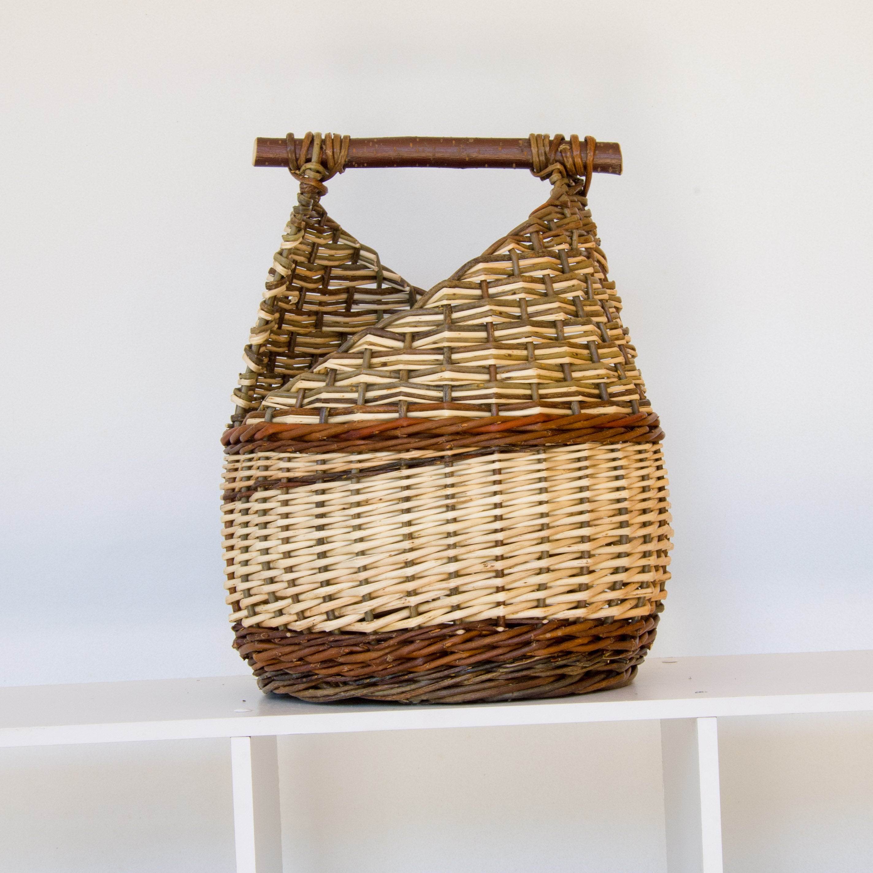 Sculptural Willow Basket with Cherry Wood Handle